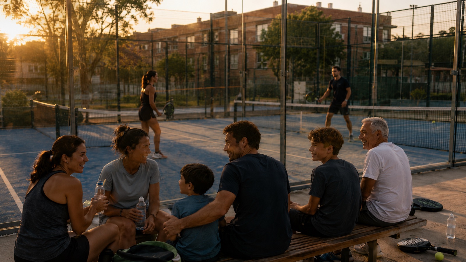 Nach dem Spiel: Menschen mehrerer Generationen sitzen im Abendlicht auf einer Bank am Padel-Court zusammen, im Hintergrund wird gespielt